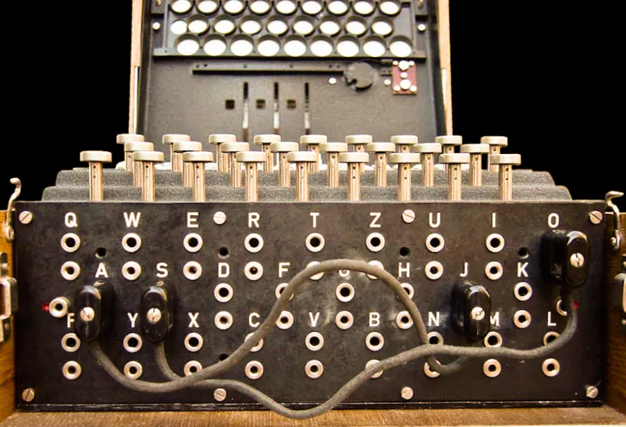 The plugboard of an Enigma machine with cables connecting pairs of letter sockets.