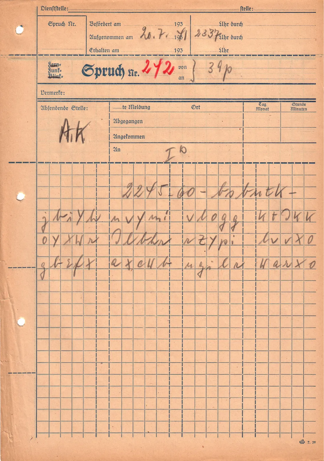 The full 1941 Funkspruch form for message 242: sender A.K., recipient Ib, received 20.7.41 at 23:37, with the handwritten cipher groups.